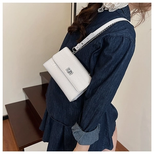 Detailed texture of white crocodile pattern small square bag with silver metal swivel lock