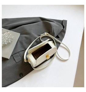 Close-up of white rectangular handbag featuring a gold buckle and striped lining