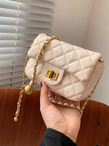 Modieuze Gevoerde Kleine Vierkante Tas Voor Dames Diamantpatroon PU Leer Mini Crossbody Kettingtas Verstelbare Gouden Bal Tas