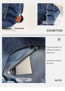 Detail showing deep blue denim texture, brand tag, and interior zipper pocket of the bag