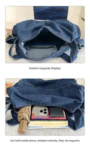 Deep blue denim travel bag interior showing large capacity for A4 magazines and tablets