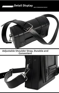 Detail view of the black box crossbody bag showing metal buckles and multi-storage structure