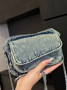 Vintage Denim Canvas Flap Crossbody Bag For Women Street Trend Washed Messenger Bag With Metal Chain Strap Shoulder Bag