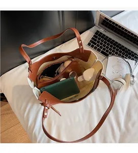Top view of woven tote bag showing large capacity for tablet, pouch and essentials