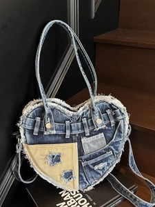 Vintage Denim Herzform Umhängetasche Für Damen Gewaschene Patchwork Schultertasche Mit Rohkanten Y2K Abgenutzte Achseltasche