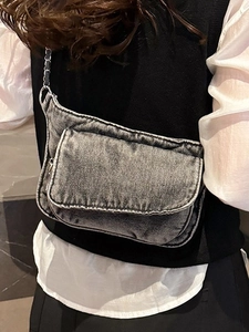 Vintage gray denim messenger bag with flap pocket and metal chain strap for women