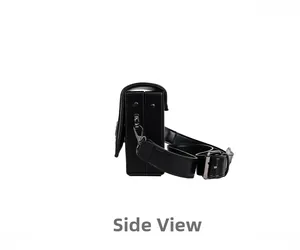 Side view of a black square box bag with gun-black metal hooks and adjustable strap