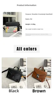Detail view of compact PU leather crossbody bag with dimensions and phone size comparison