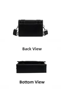 Detailed back and bottom view of black leather crossbody bag with metal hooks