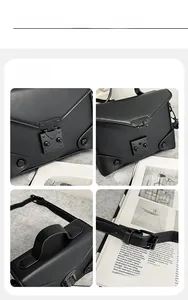 Detailed views of black matte PU leather crossbody bag with metal lock and stitching
