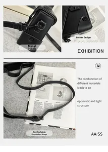 Detail view of black matte PU square bag with reinforced corners and black hardware