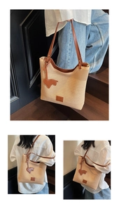 Detail of hollow woven tote bag with brown leather trim and horse charm accessory
