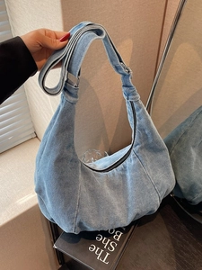 Large capacity vintage light blue washed denim hobo bag with adjustable shoulder strap
