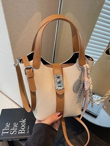 Fashion Women PU Leather Bucket Bag Woven Texture Handbag With Metal Lock Adjustable Strap Shoulder Crossbody Bag