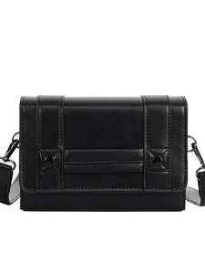 Minimalist Black PU Leather Square Crossbody Bag For Women Street Fashion Adjustable Wide Strap Box Shape Flap Shoulder Bag