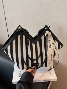 Large striped canvas tote bag with V-cut top, leather trim and silk scarf accessory
