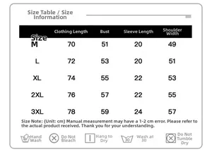 Detailed size chart for washed cotton t-shirt with care instructions and measurements