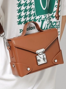 Retro PU Leather Small Square Box Bag For Women Minimalist Solid Color Crossbody Shoulder Bag With Metal Lock Rivet Decor