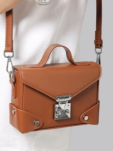 Classic brown PU leather square crossbody bag with silver metal swivel lock and top handle