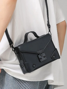 Minimalist matte black PU leather box bag with metal corners and top handle
