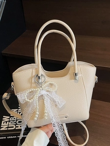 Sac Seau Vintage en Cuir PU Grain de Litchi pour Femme Élégant Nœud en Dentelle et Künstliche Perles Fourre-tout pour Navette Épaule Bandoulière