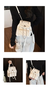 Detailed views of beige quilted mini backpack showing versatile chain straps and flap closure