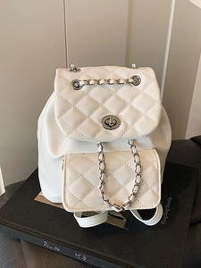Women Korean Quilted Diamond Pattern Chain Bucket Backpack Fashion PU Leather Flap Turn Lock Mini Backpack Versatile Daily Bag