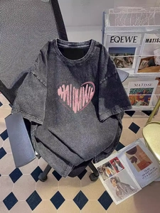 Women's Washed Vintage Cotton T-Shirt Oversized Pink Heart Graphic Short Sleeve Loose Distressed Retro Streetwear Top