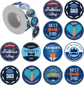 Father's Day roll stickers featuring diverse blue designs with ties, crowns, and mustaches
