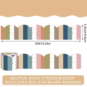Scalloped boho bulletin board border stickers roll with neutral stripes for wall decor