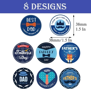 Detail of 1.5 inch Father's Day round stickers with crown and mustache designs