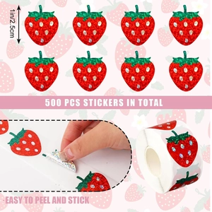 500 holographic strawberry stickers roll, 1 inch laser labels for gift sealing