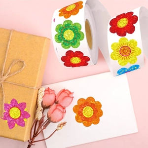 Roll of iridescent floral laser stickers in vibrant colors for gift box sealing decoration