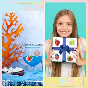 Detail of colorful waterproof fruit stickers on gift boxes and home decor items