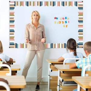 Classroom scene showing wavy bulletin board borders in Morandi colors and patterns