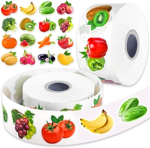 Macro detail of realistic fruit and vegetable waterproof stickers on two rolls