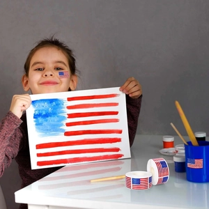 Macro shot of American flag holographic roll stickers decorating stationery and crafts