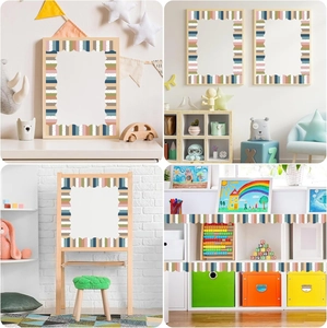 Detail of colorful wavy chalkboard border stickers used on frames and kids' room shelves