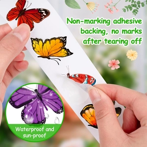 Detail showing hand peeling a colorful butterfly sticker with non-marking adhesive backing