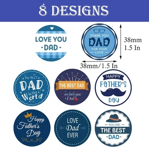 Detail view of 1.5 inch Father's Day stickers featuring 8 assorted blue and orange designs
