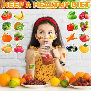 Vivid fruit and vegetable stickers for children featuring realistic food patterns