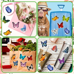 Versatile butterfly stickers shown on envelopes, luggage, and bottles in daily use