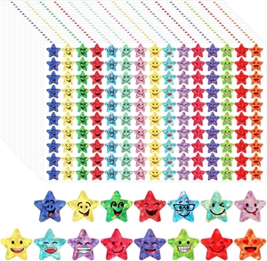 Macro detail of holographic star smile stickers with glitter finish and assorted emojis
