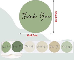Detail view of 1-inch Morandi green round Thank You sealing stickers with size marking