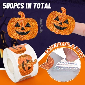 Detail of 1.2 inch orange glitter pumpkin stickers 500pcs roll for Halloween decor