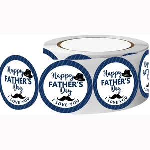 Roll of navy blue striped Happy Father's Day stickers with hat and mustache icons