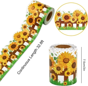 Macro detail of sunflower border sticker roll with scalloped edges and 32.8ft length info