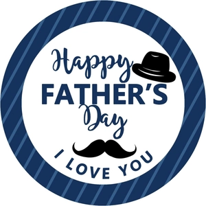 Close-up of Father's Day round sticker featuring a black top hat, mustache and blue stripes