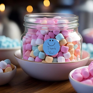 Close-up of a glass jar with colorful marshmallows and a blue smiley Thank You sticker