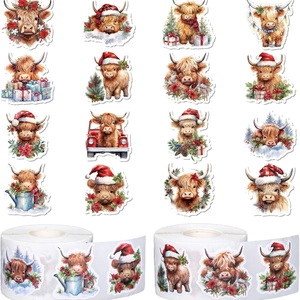 Hooglander Koe Kerststickers Rol Zelfklevende Decoratieve Labels Aquarel Cartoon Dier met Kerstmuts Voor Geschenkverpakking DIY